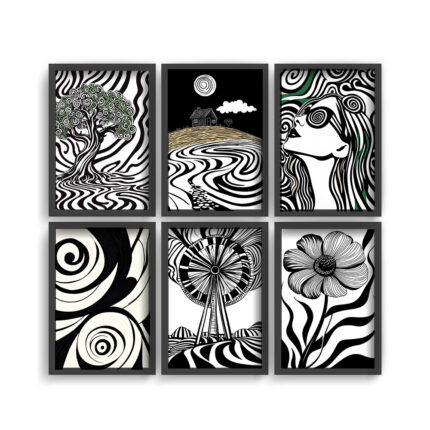 Hypnotic Swirl: Trippy Black & White Wall Frame Set