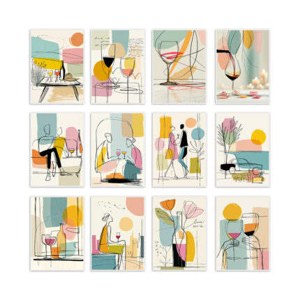 PAPER PAJAMA Abstract Couple Wine Art Poster Set for Living Room & Lounge Decor | Retro Modern Line Art | Lifestyle Sketch Prints Unframed (Set of 12, 9×12 Inches)