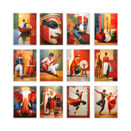 PAPER PAJAMA Indian Culture Poster Set for Home Decor | Vibrant Artistic Wall Art | Inspired by MF Husain Style | Unframed Set of 12 (9×12 Inches)